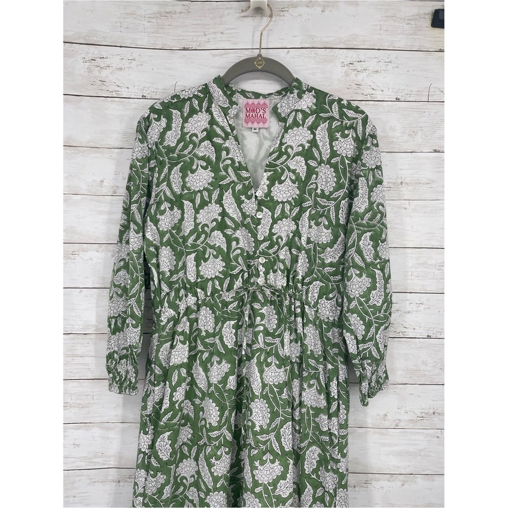 Mod's Mahal Green White Block Print Floral Maxi Dress Size M 100% Cotton Pockets - Picture 3 of 9